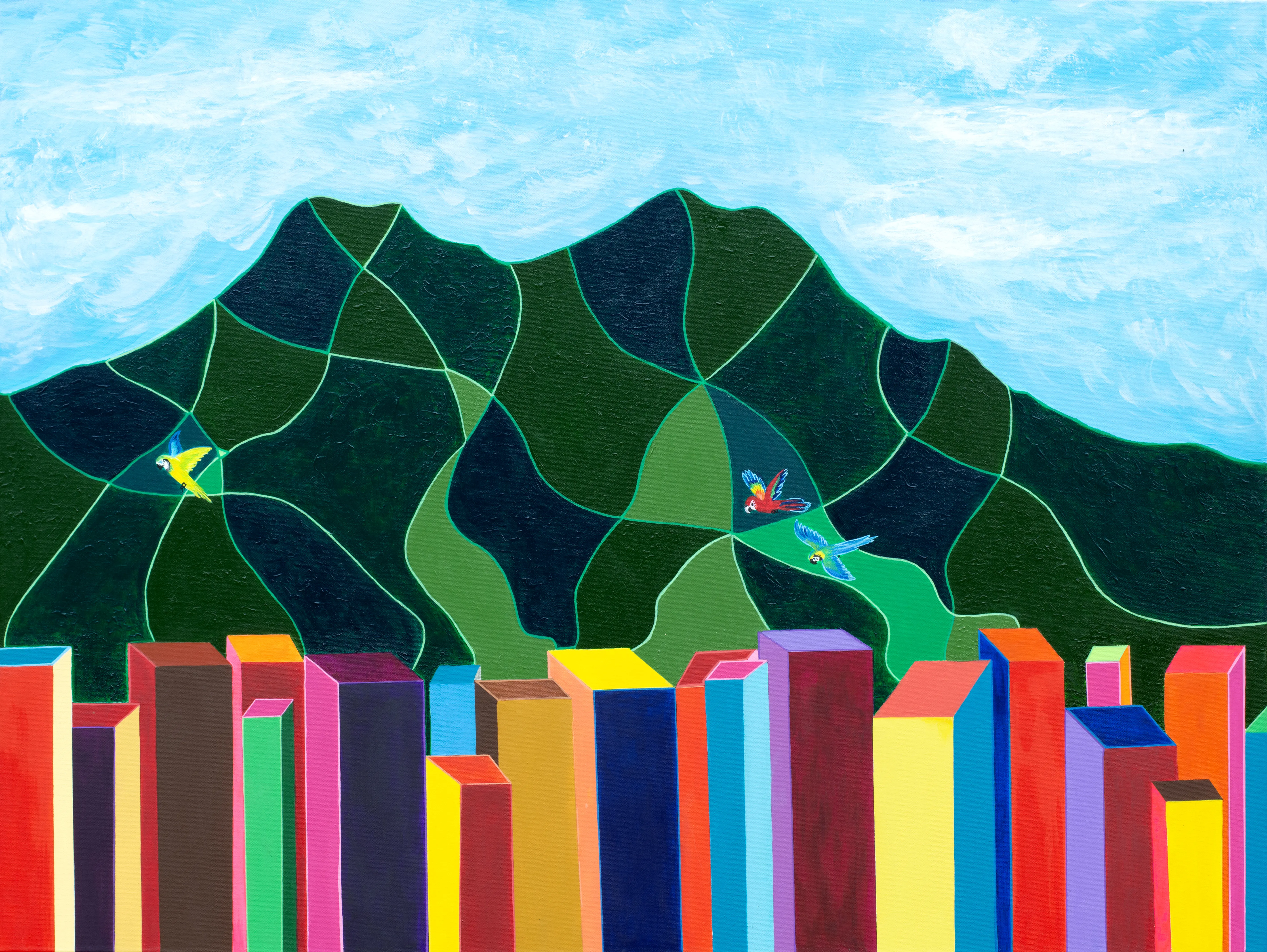 The faceted green Ávila mountain rising over a skyline of vividly colored buildings, with macaws in flight.