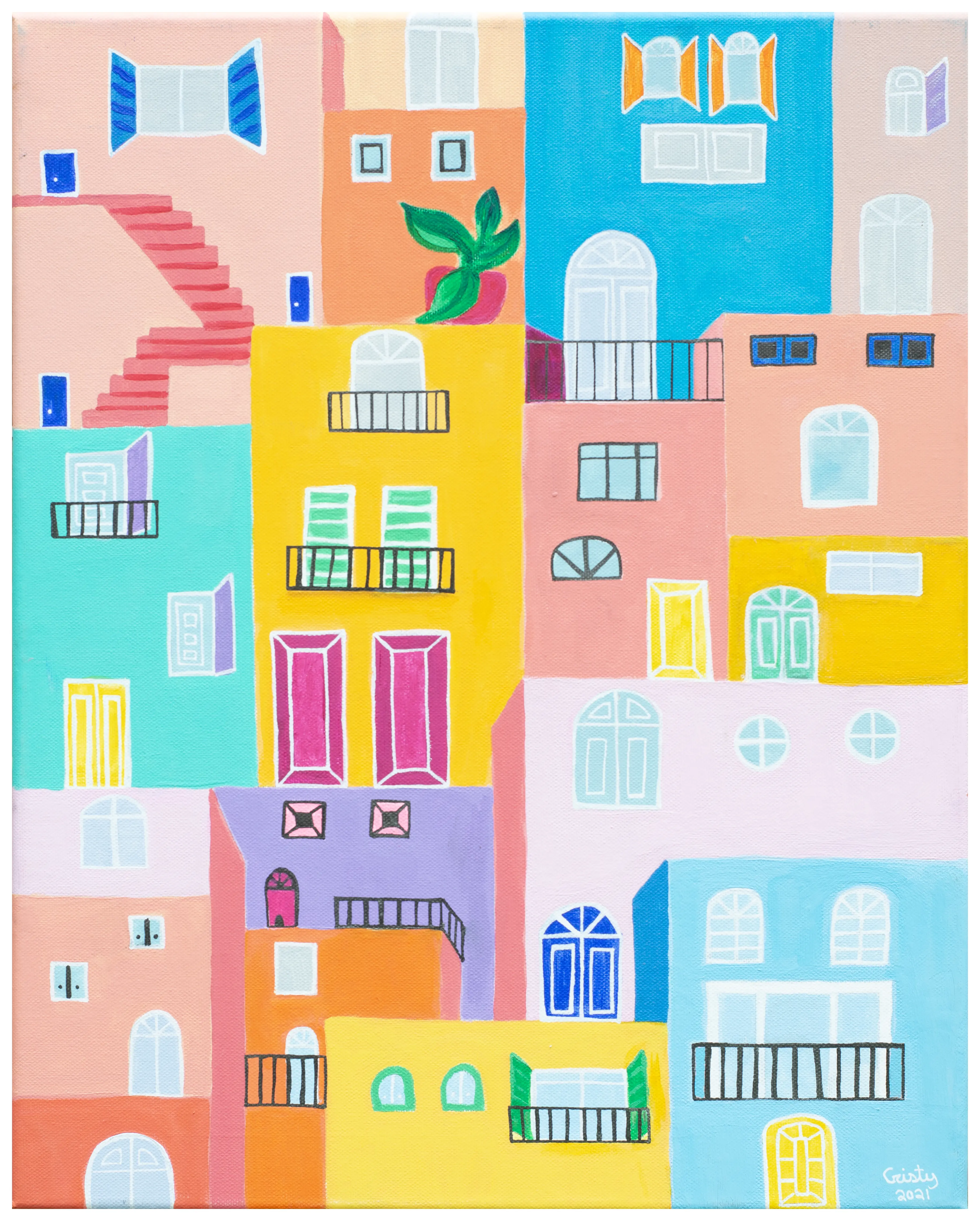 A stacked patchwork of pastel houses — windows, shutters, balconies and staircases in candy colors.