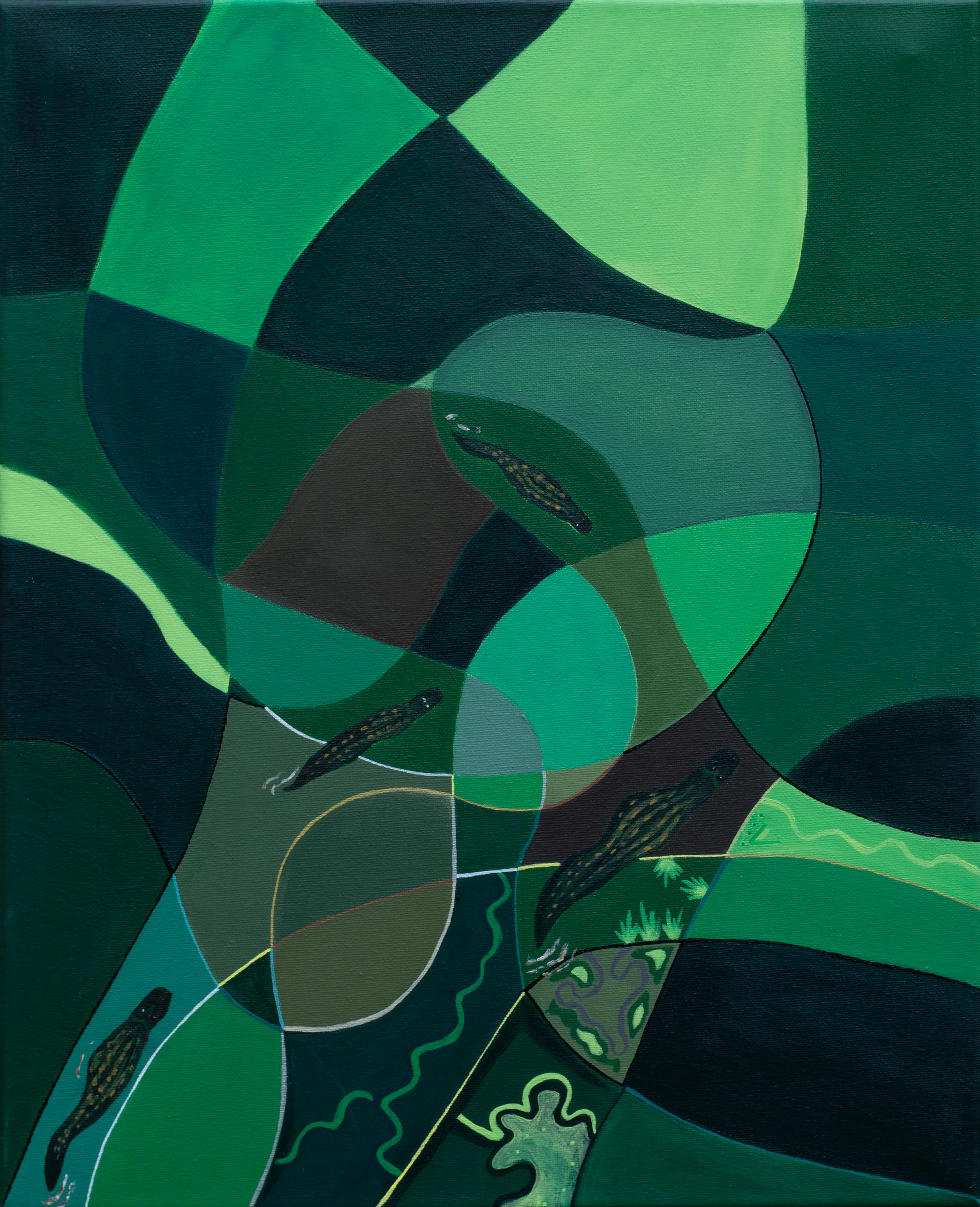 Layered translucent greens with elongated, reclining figures woven through the water like the Everglades made flesh.