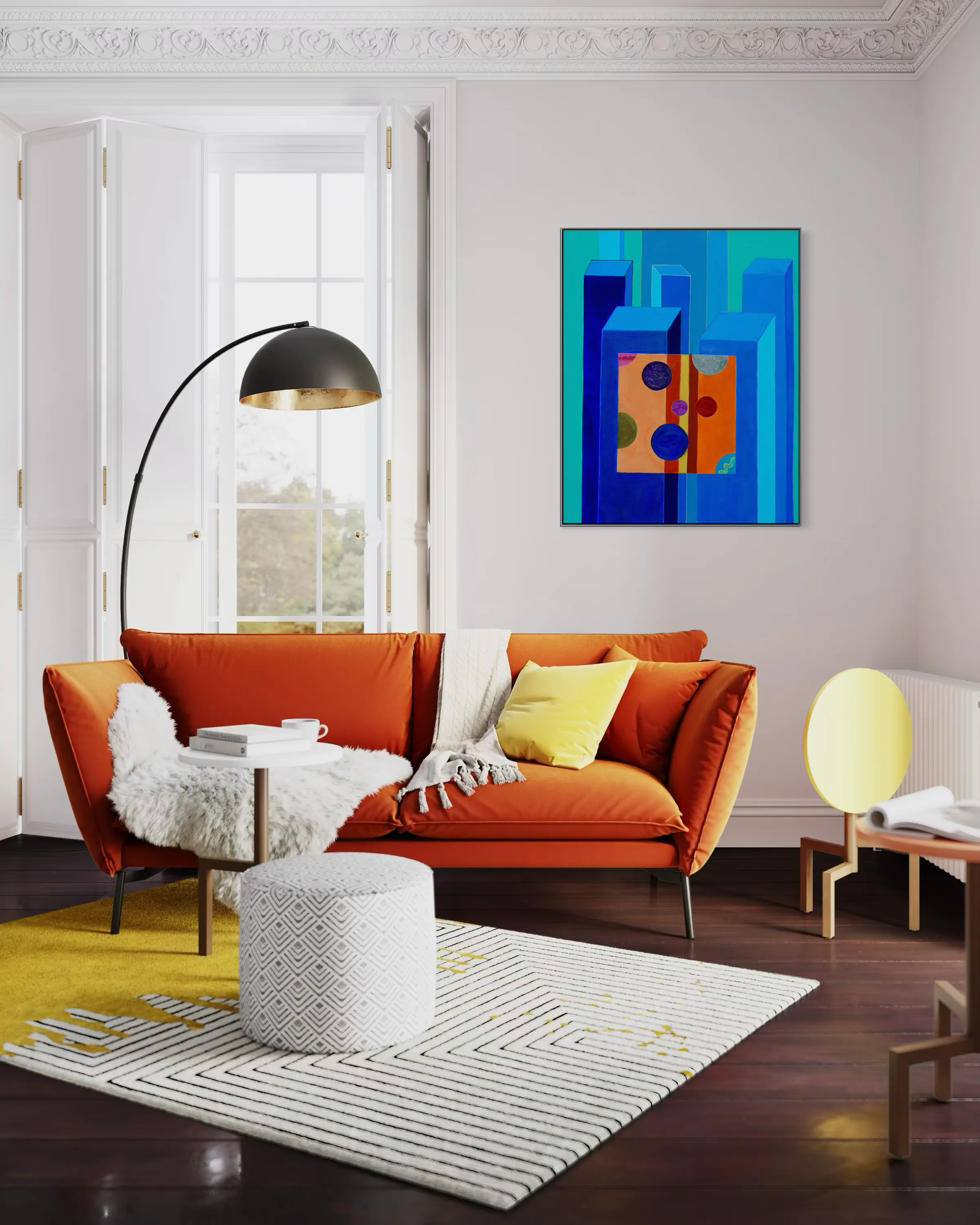 Galaxy Window framed above an orange sofa in a bright, paneled living room.