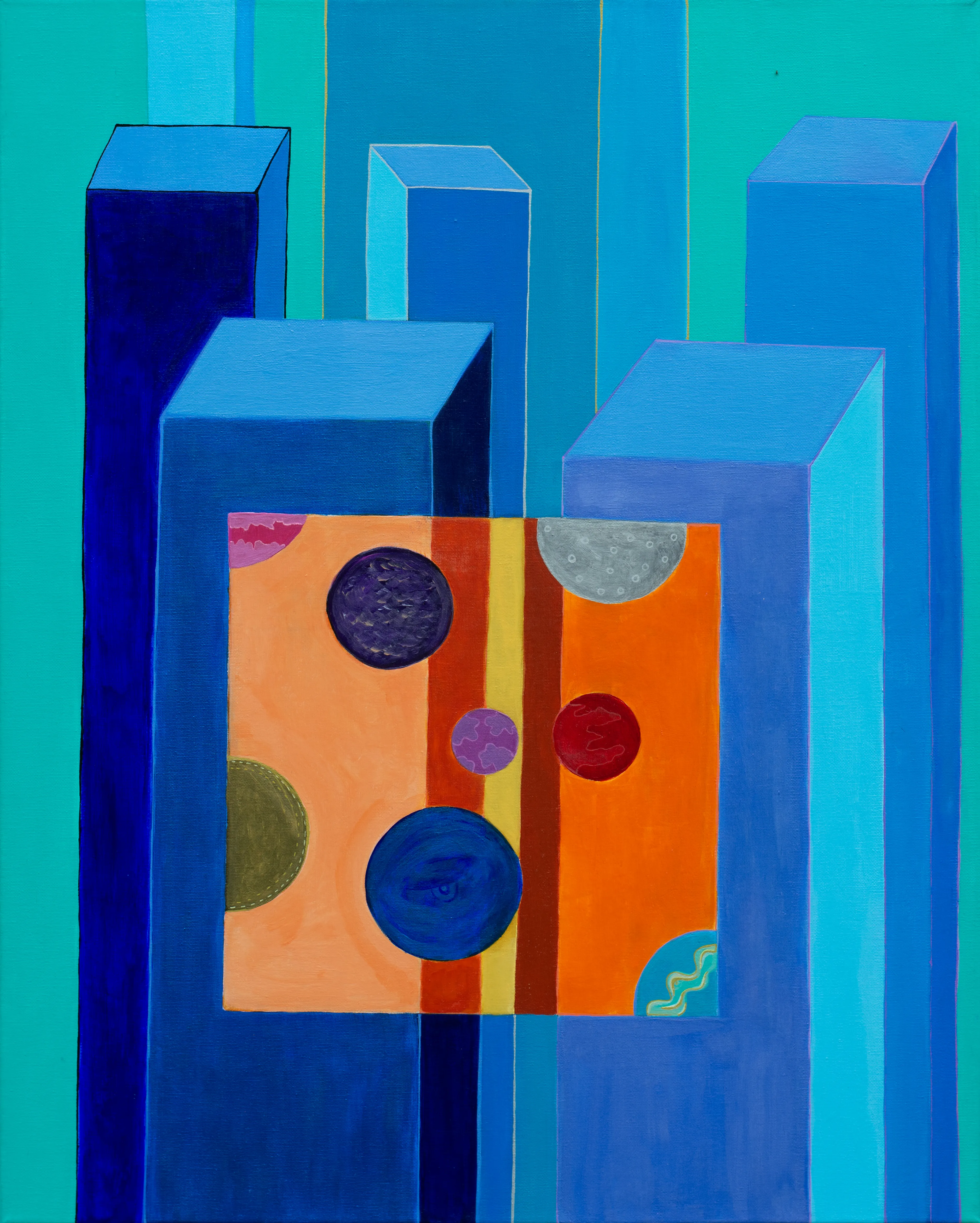 Blue three-dimensional towers on teal, framing a warm orange panel of floating planets and orbs.