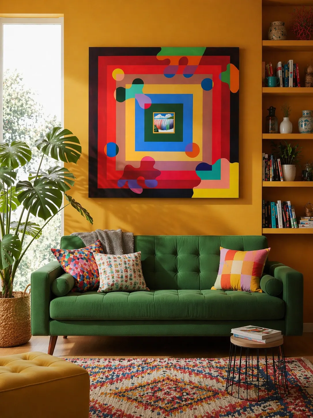 Rainbow Explosion hanging above a green sofa in a warm, mustard-yellow room.