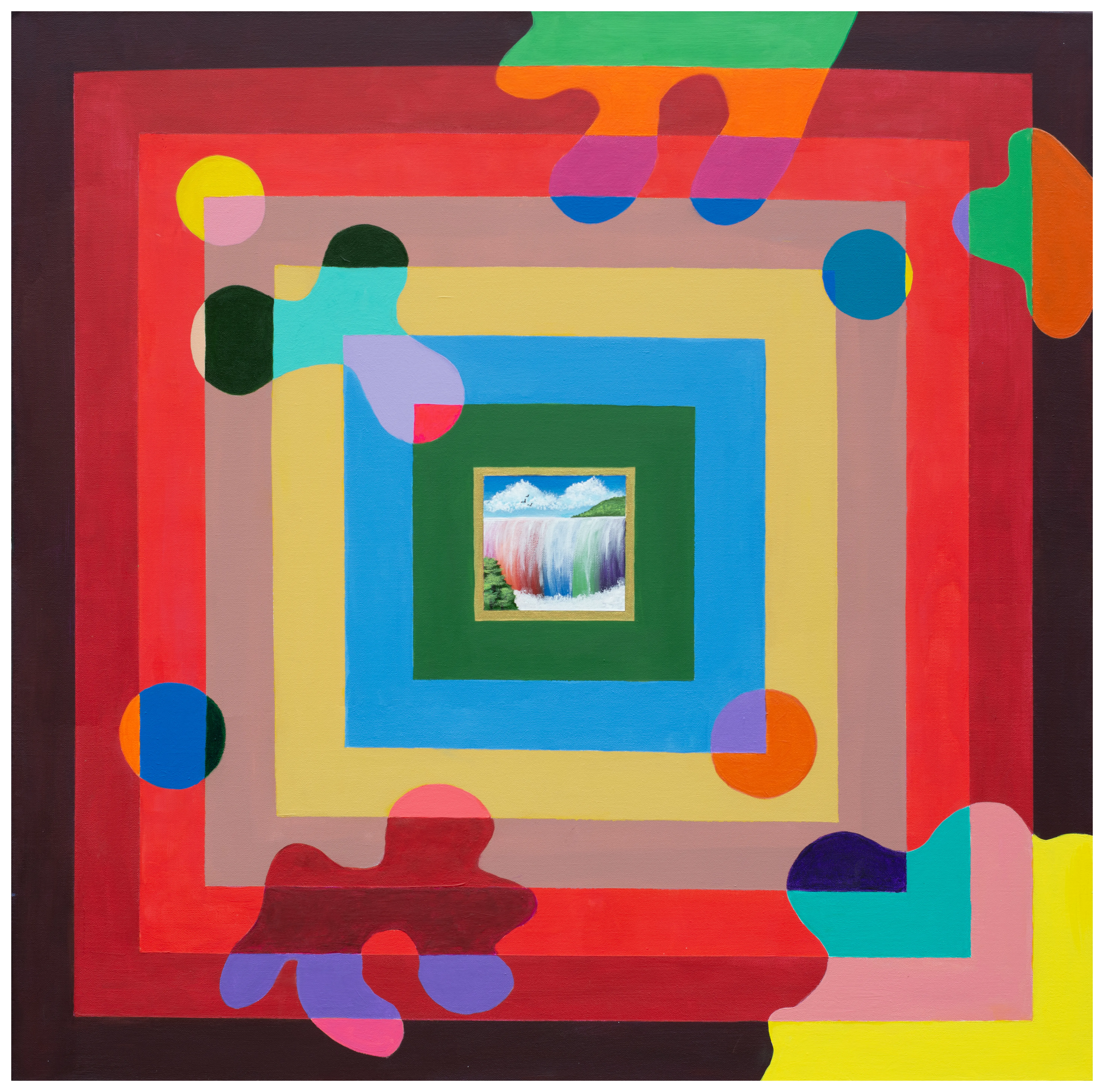 Concentric rainbow squares with organic floating blobs bursting across the surface, framing a small realist painting of a rainbow waterfall.