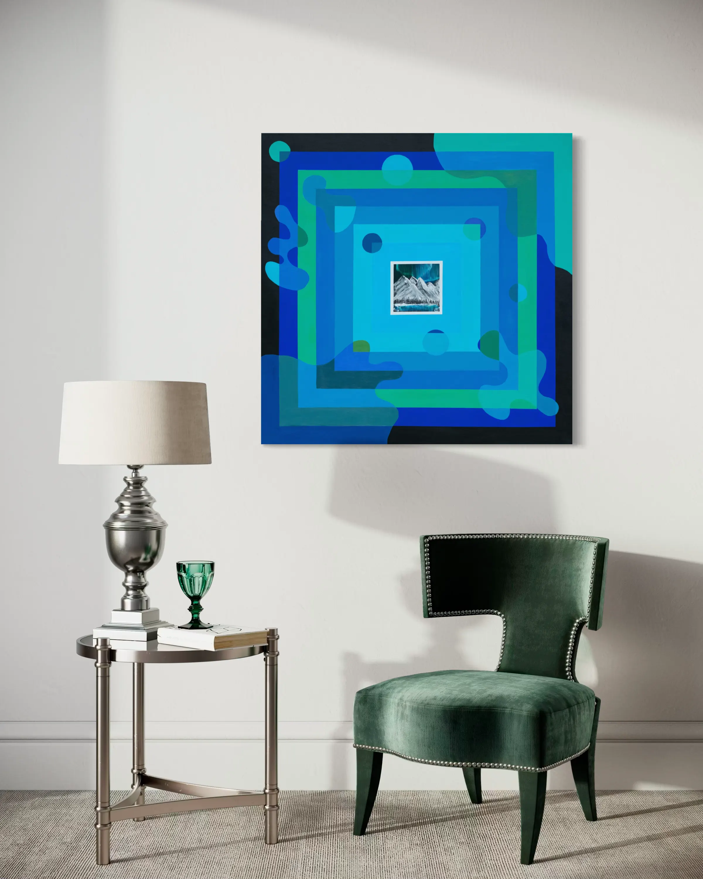 Solo Rider hanging above an emerald velvet chair beside a silver lamp.