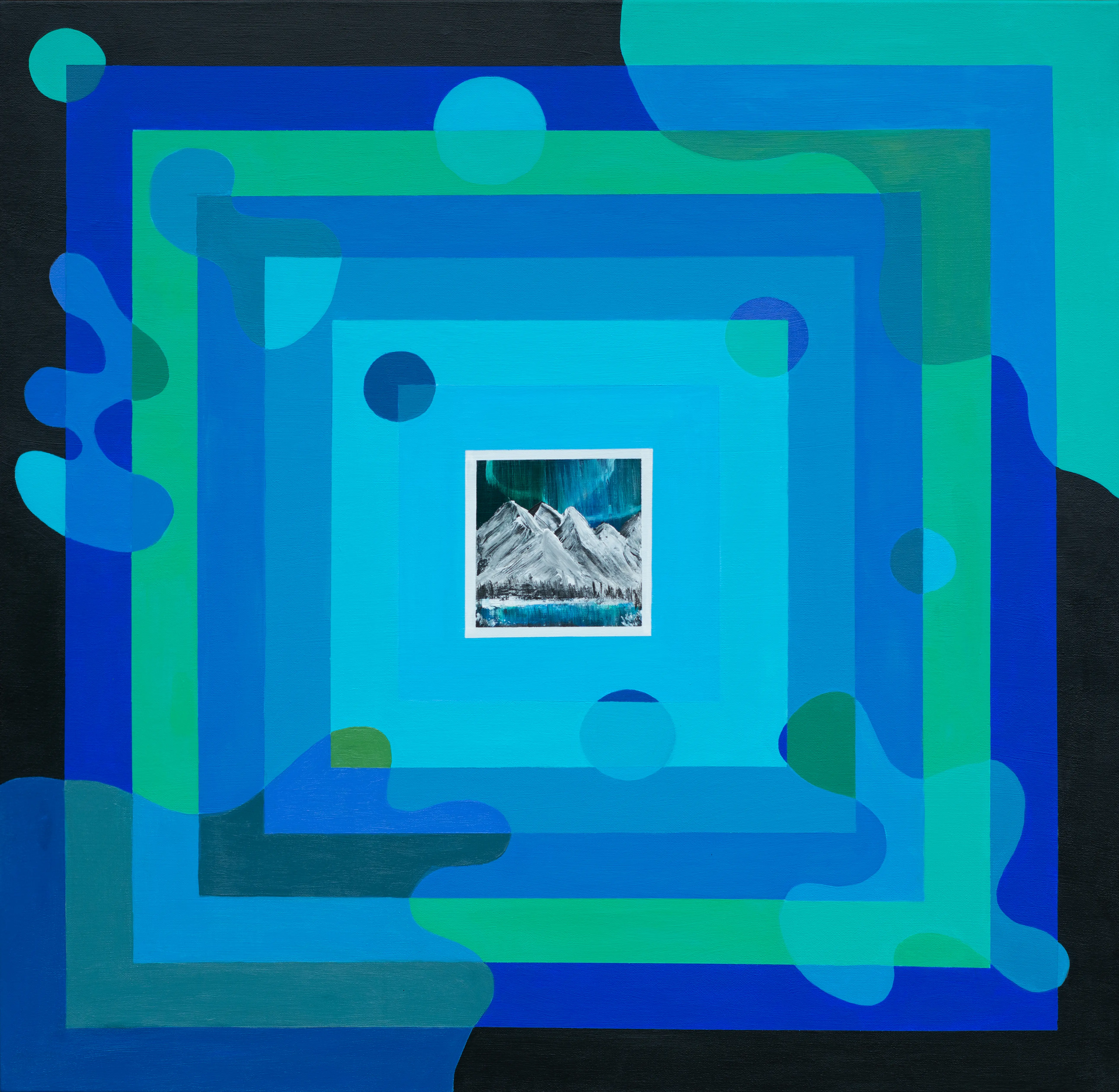 Concentric blue and green squares with floating orbs, drawing the eye to a small realist snow peak under an aurora at the center.
