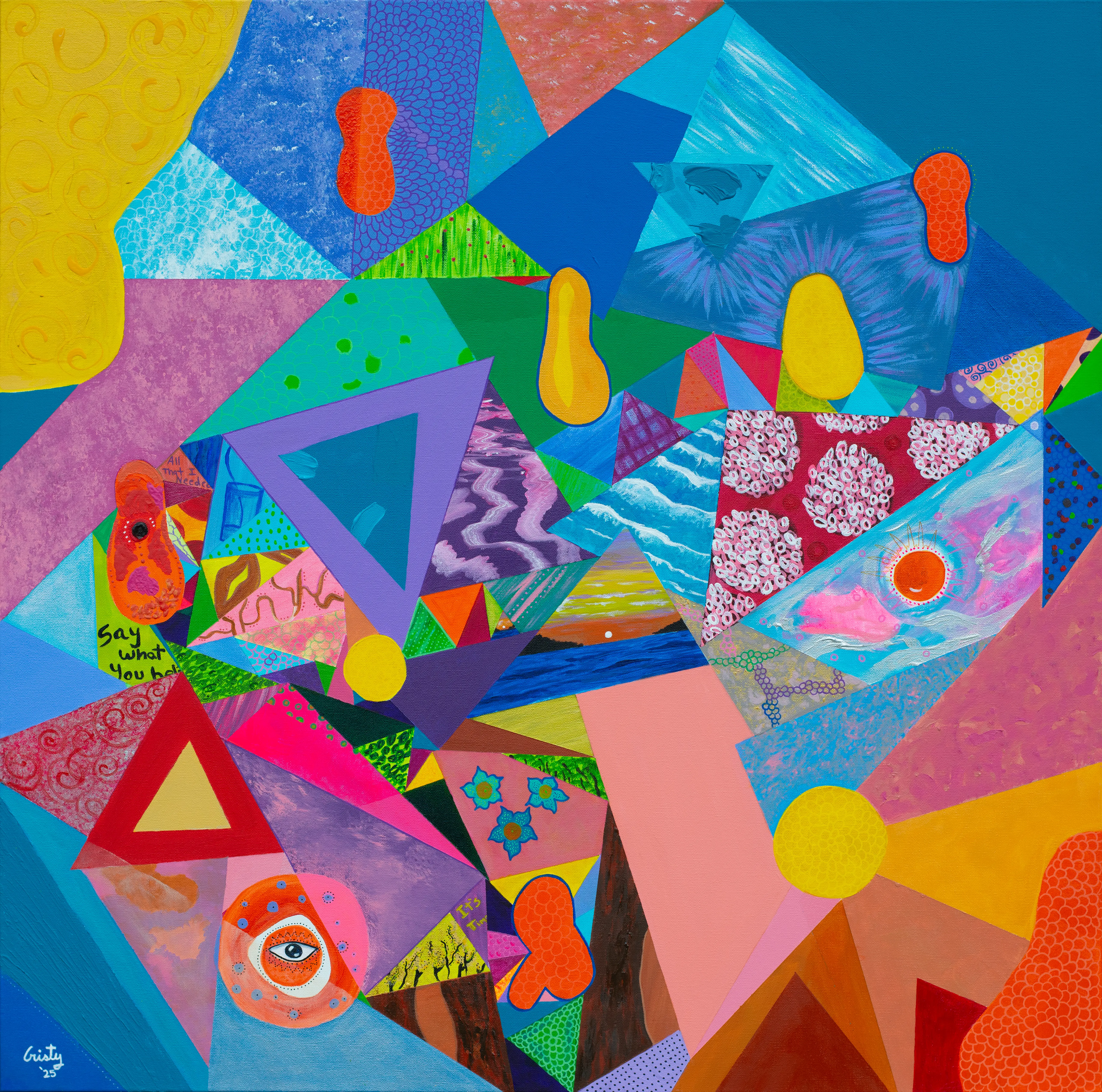 A shattered-glass field of jewel-toned triangles holding an eye, a rising sun, waves and scattered words — a mind mid-thought.